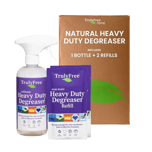 Truly Free Heavy Duty Degreaser- Grease Remover & Grime Cleaner for Kitchen, Automotive & More, Household Cleaning Supplies, Fragrance-Free, Includes 16 oz Reusable Empty Bottle & 2 Refills (4 oz)