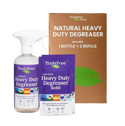 Truly Free Heavy Duty Degreaser- Grease Remover & Grime Cleaner for Kitchen, Automotive & More, Household Cleaning Supplies, Fragrance-Free, Includes 16 oz Reusable Empty Bottle & 2 Refills (4 oz)