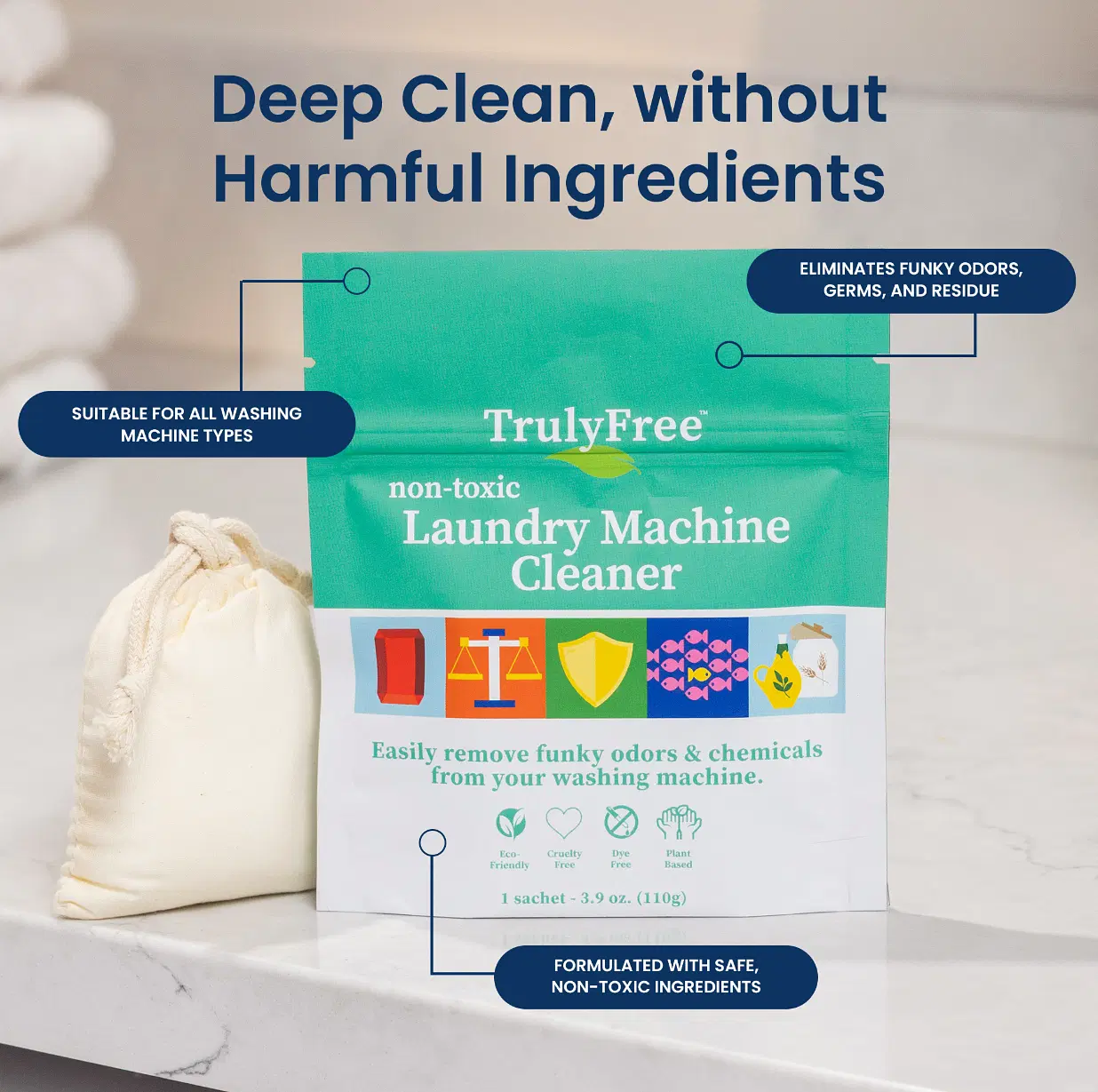 Truly Free Laundry Washing Machine Cleaner - Wash & Cleans Front Load & Top Load Washers -Tub Cleaner & Deodorizer (1-Use)