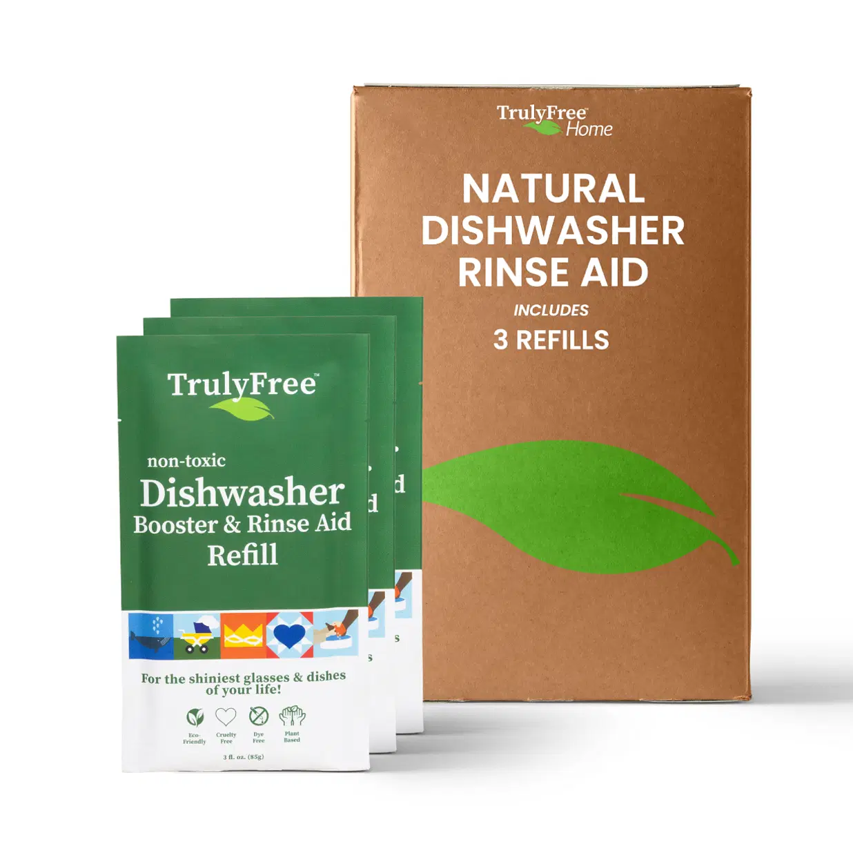 Truly Free Natural Dishwasher Booster & Rinse Aid - Non-Toxic Dishwashing Aid Formula, Removes Residue & Tough Dish Stains, Water Spot Remover - Includes: 1 Reusable Empty 12 oz Bottle & 1 Refill
