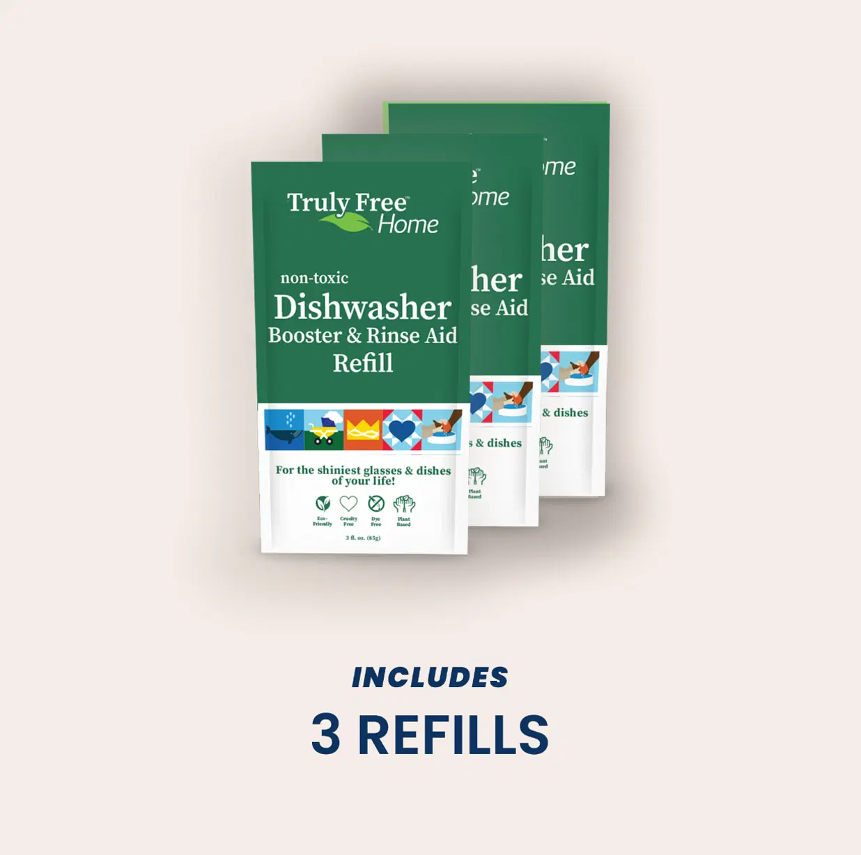 Truly Free Natural Dishwasher Booster & Rinse Aid - Non-Toxic Dishwashing Aid Formula, Removes Residue & Tough Dish Stains, Water Spot Remover - Includes: 1 Reusable Empty 12 oz Bottle & 1 Refill