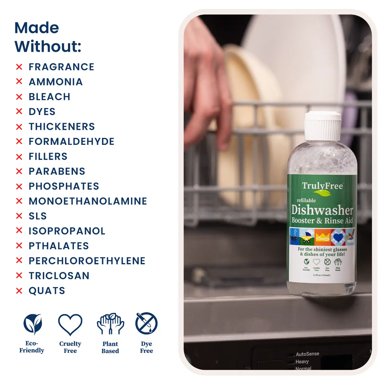 Truly Free Natural Dishwasher Booster & Rinse Aid - Non-Toxic Dishwashing Aid Formula, Removes Residue & Tough Dish Stains, Water Spot Remover - Includes: 1 Reusable Empty 12 oz Bottle & 1 Refill