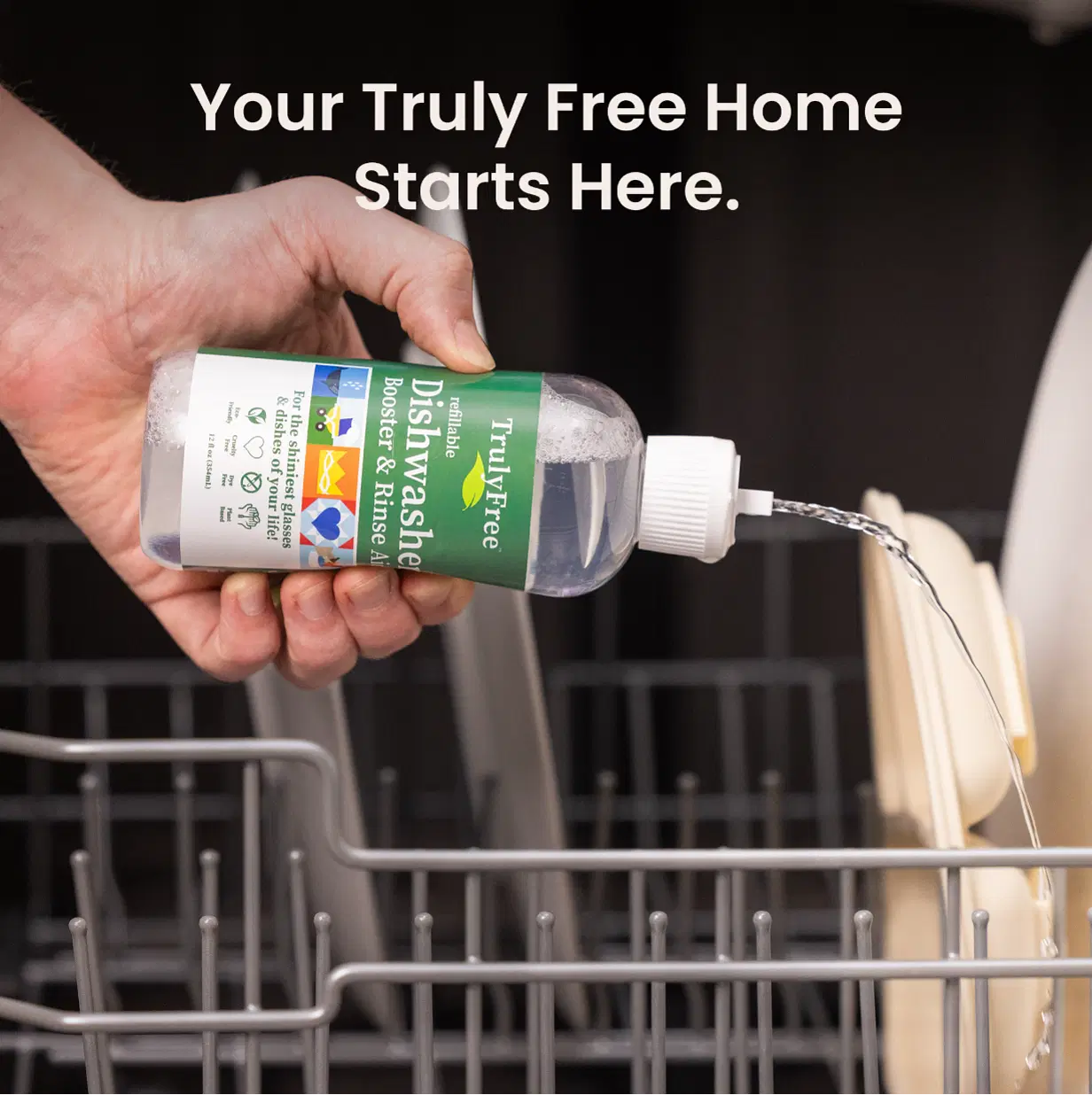 Truly Free Natural Dishwasher Booster & Rinse Aid - Non-Toxic Dishwashing Aid Formula, Removes Residue & Tough Dish Stains, Water Spot Remover - Includes: 1 Reusable Empty 12 oz Bottle & 1 Refill