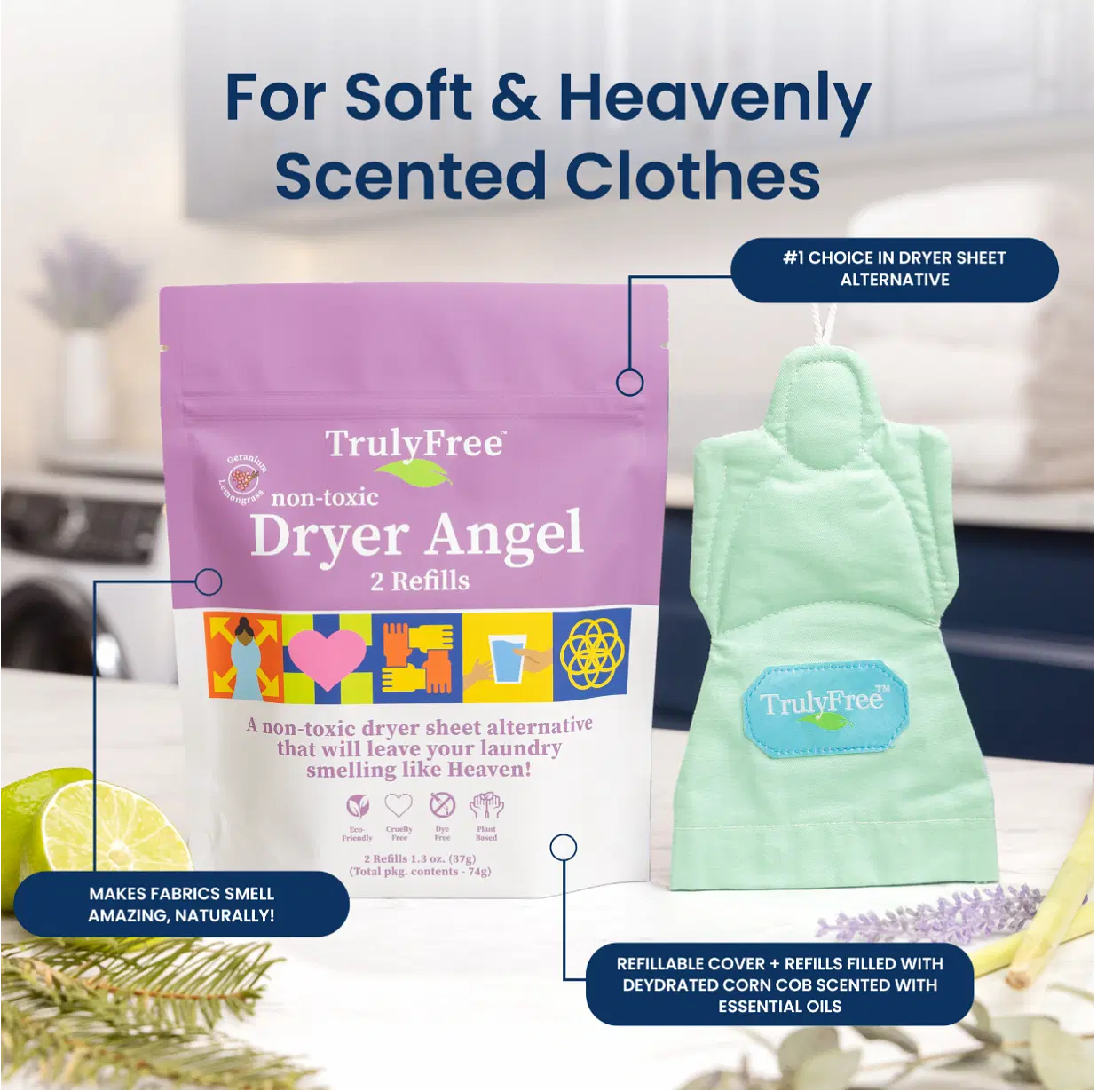 Truly Free Dryer Angel: Refillable Non-Toxic Dryer Sheet Alternative, Fabric Softener and Scent Booster - Includes: 1 Dryer Angel Cover with 2 Refills 1 Count (Pack of 1)