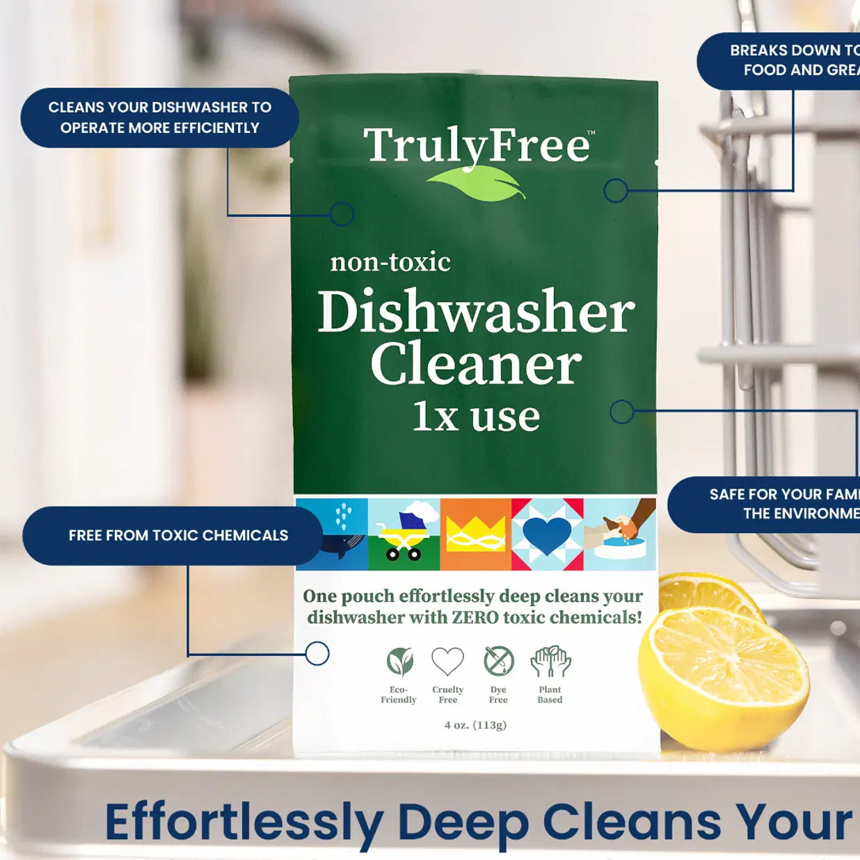 Truly Free Natural Dishwasher Cleaner - Dish Washer Machine Descaler, Fights Grease & Limescale, Hard Water Stain Remover, Smell Eliminator for Clean Dishwashers - Lemon Fresh Scent, 4 oz (Pack of 1)