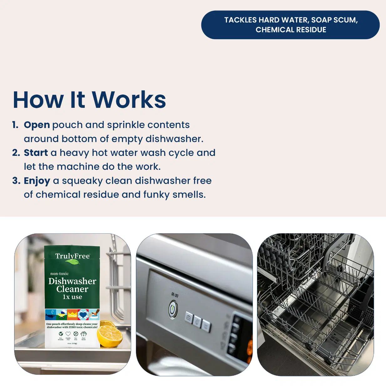 Truly Free Natural Dishwasher Cleaner - Dish Washer Machine Descaler, Fights Grease & Limescale, Hard Water Stain Remover, Smell Eliminator for Clean Dishwashers - Lemon Fresh Scent, 4 oz (Pack of 1)