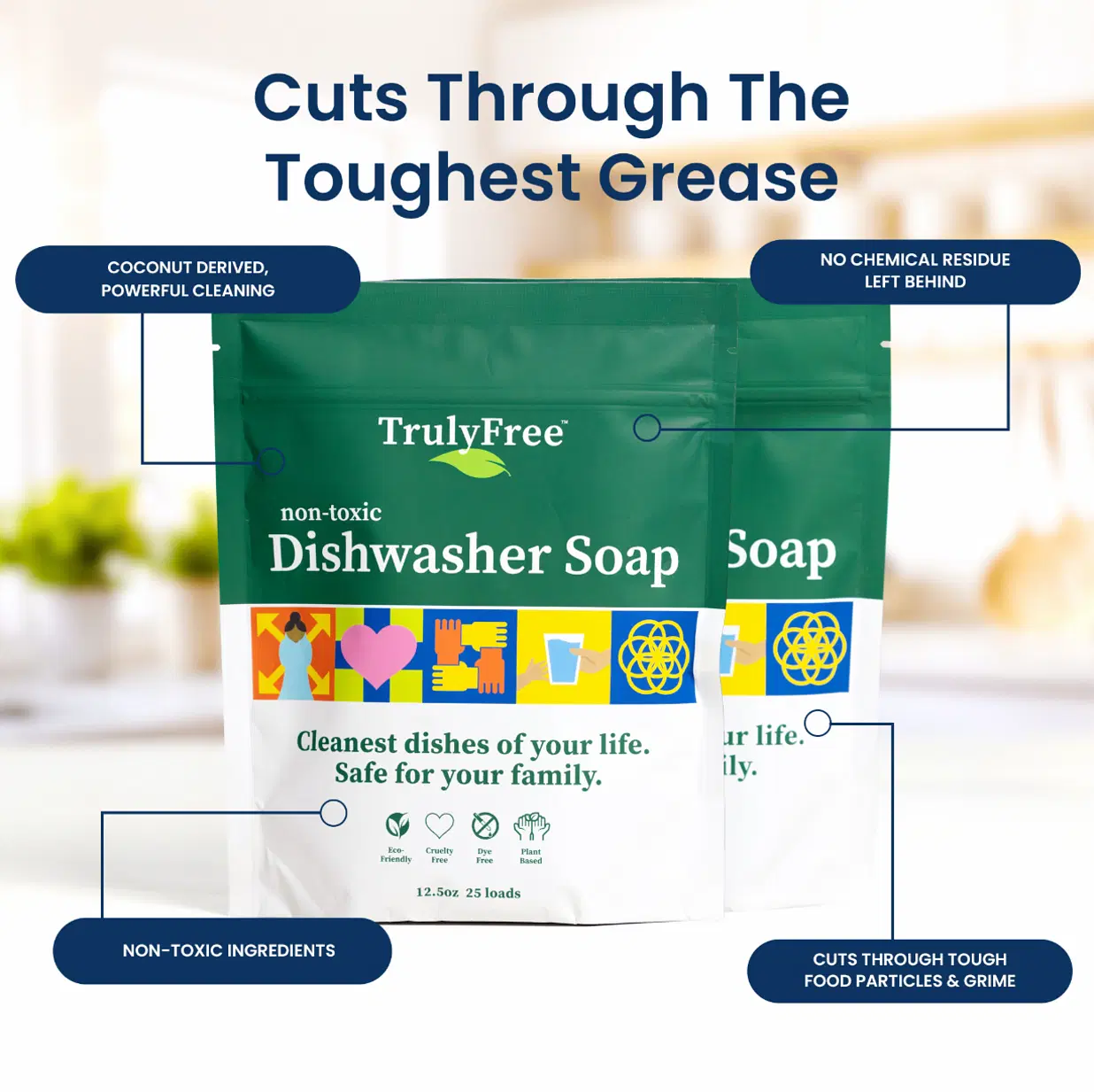 Truly Free Automatic Dishwasher Detergent Powder - Concentrated Dishwashing Detergent, Dish Soap, Hard Water Stain Remover, Kitchen Cleaning Supplies, No Harmful Ingredients - 12.5 oz (Pack of 1)
