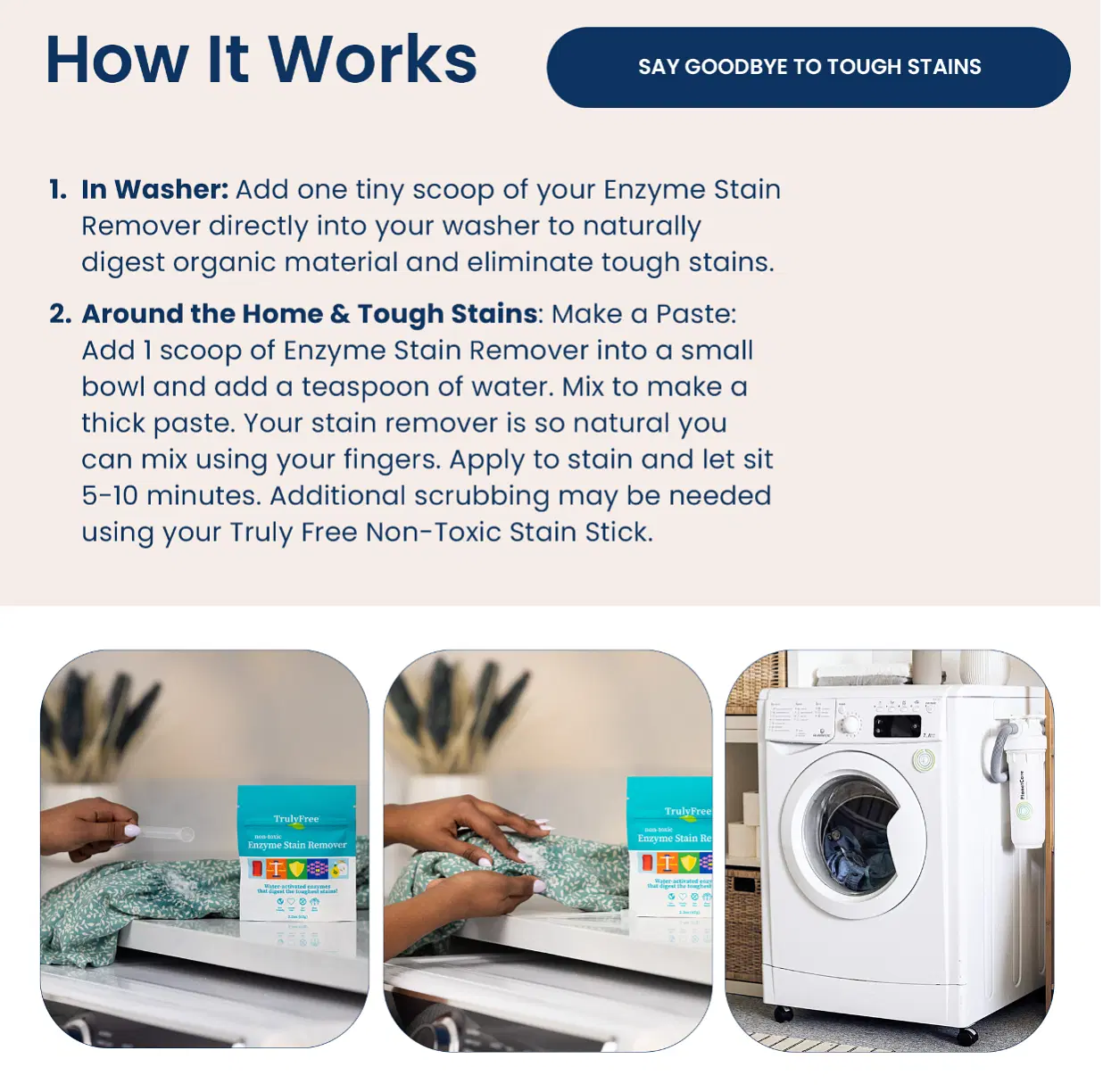 Truly Free Enzyme Laundry Stain Remover - Natural Laundry Detergent Booster for Blood, Grass, Pet Urine & Odor - Biological Washing Powder for Clothes, Couch Fabric (50 Scoops)