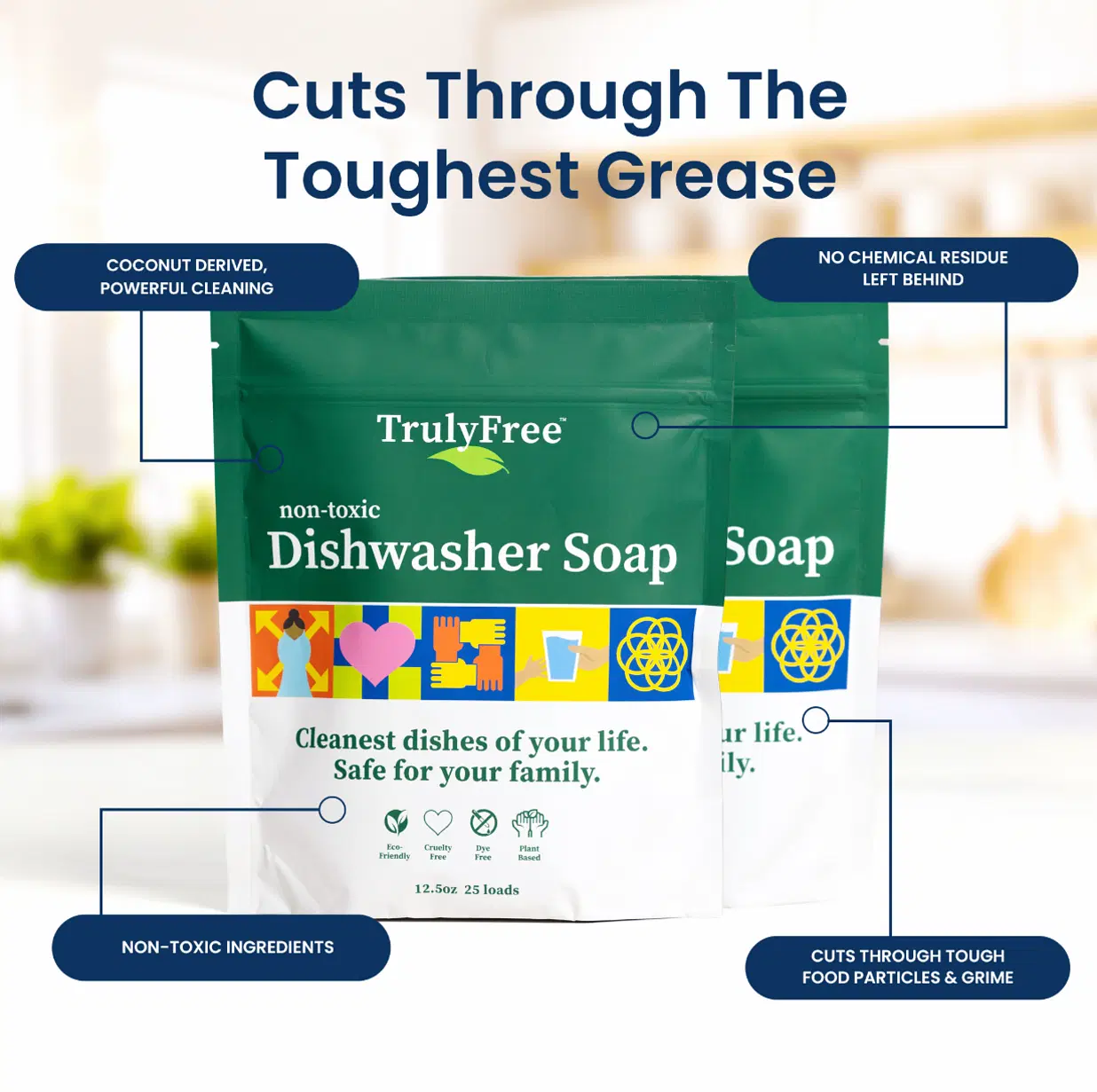 Truly Free Automatic Dishwasher Detergent Powder - Concentrated Dishwashing Detergent, Dish Soap, Hard Water Stain Remover, Kitchen Cleaning Supplies, No Harmful Ingredients - 12.5 oz (Pack of 3)