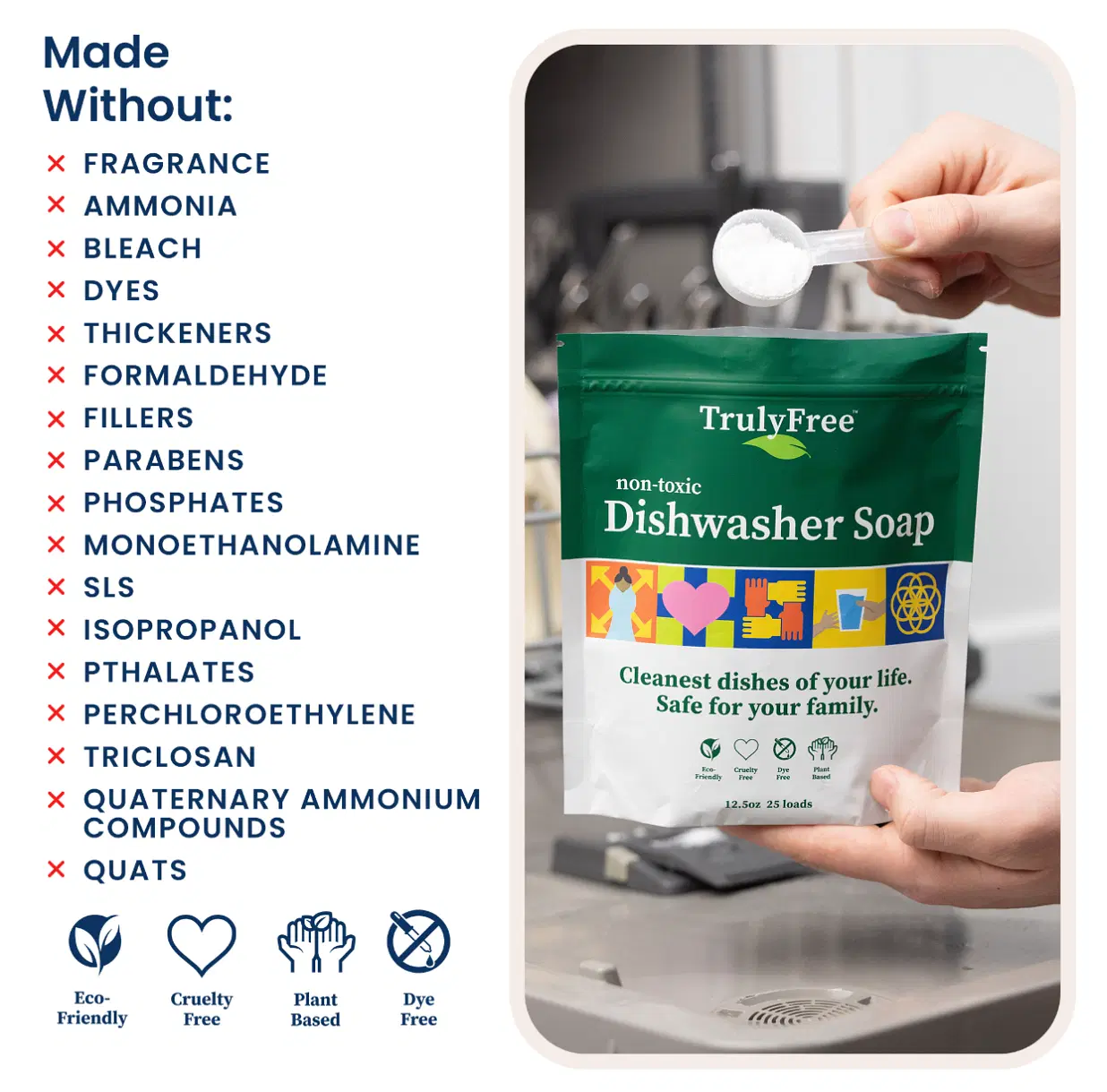 Truly Free Automatic Dishwasher Detergent Powder - Concentrated Dishwashing Detergent, Dish Soap, Hard Water Stain Remover, Kitchen Cleaning Supplies, No Harmful Ingredients - 12.5 oz (Pack of 3)