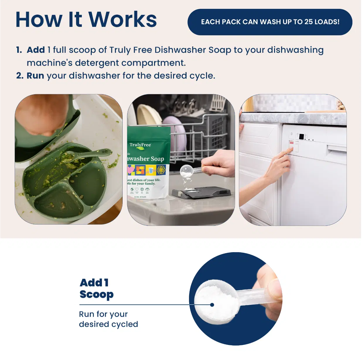 Truly Free Automatic Dishwasher Detergent Powder - Concentrated Dishwashing Detergent, Dish Soap, Hard Water Stain Remover, Kitchen Cleaning Supplies, No Harmful Ingredients - 12.5 oz (Pack of 3)