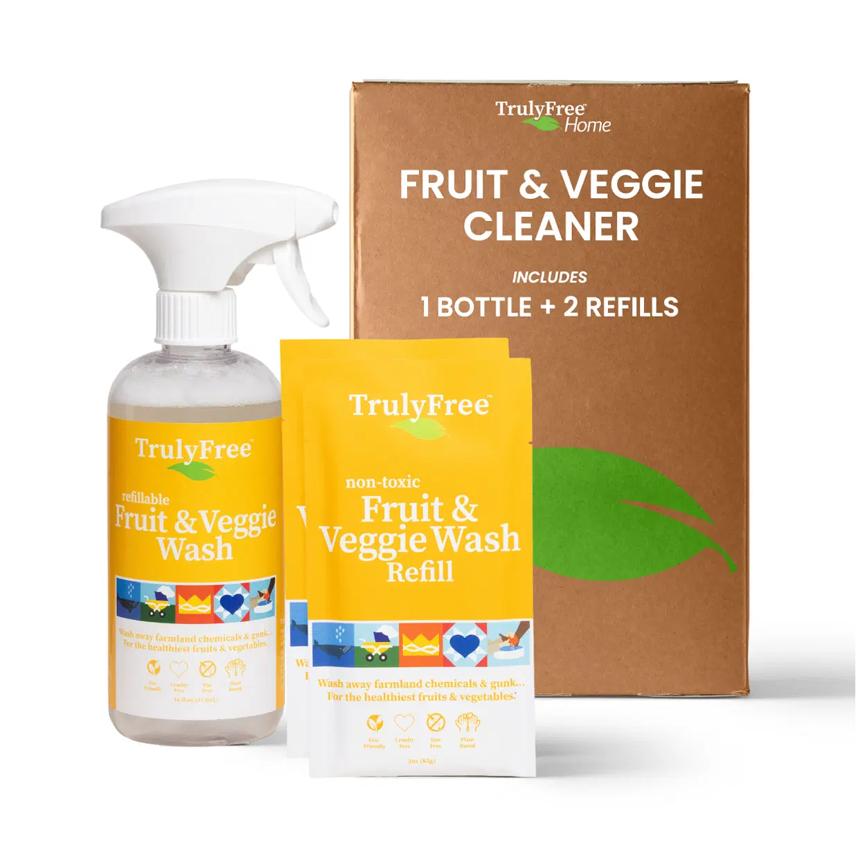 Truly Free Natural Fruit and Veggie Wash Kit - DIY Vegetable Washer & Fruit Cleanser - Bottle + 2 Refills