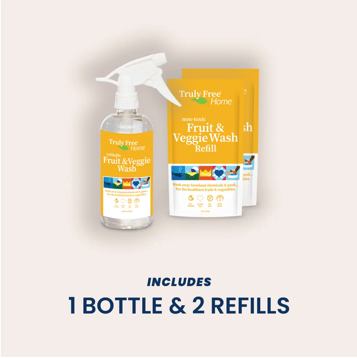 Truly Free Natural Fruit and Veggie Wash Kit - DIY Vegetable Washer & Fruit Cleanser - Bottle + 2 Refills