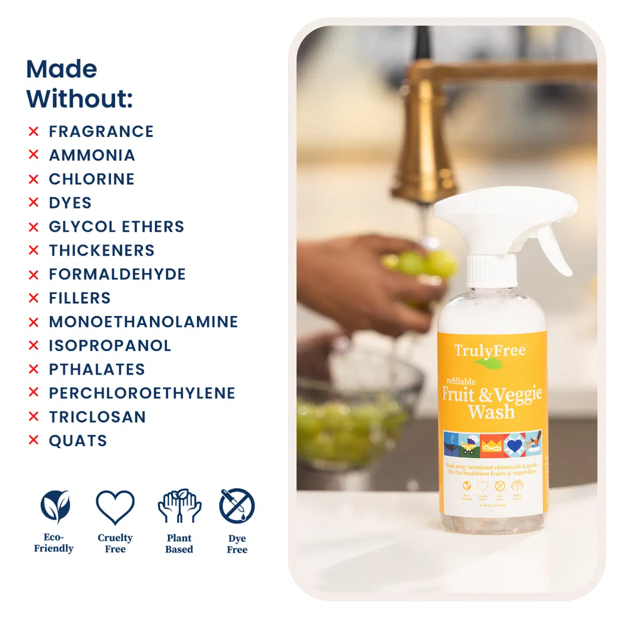 Truly Free Natural Fruit and Veggie Wash Kit - DIY Vegetable Washer & Fruit Cleanser - Bottle + 2 Refills