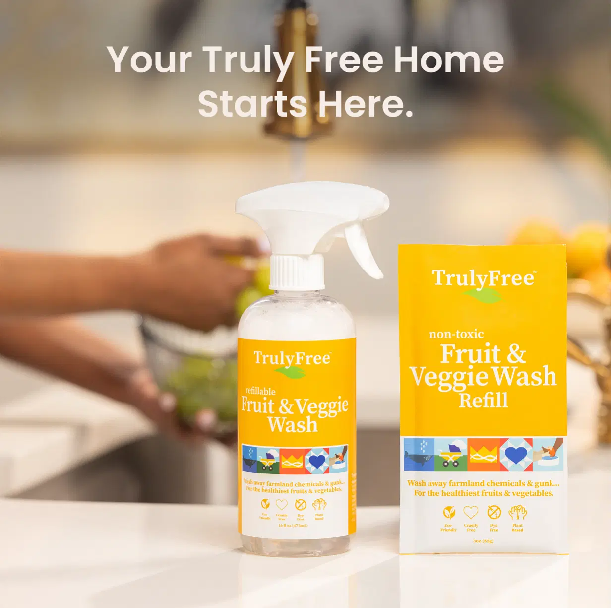 Truly Free Natural Fruit and Veggie Wash Kit - DIY Vegetable Washer & Fruit Cleanser - Bottle + 2 Refills