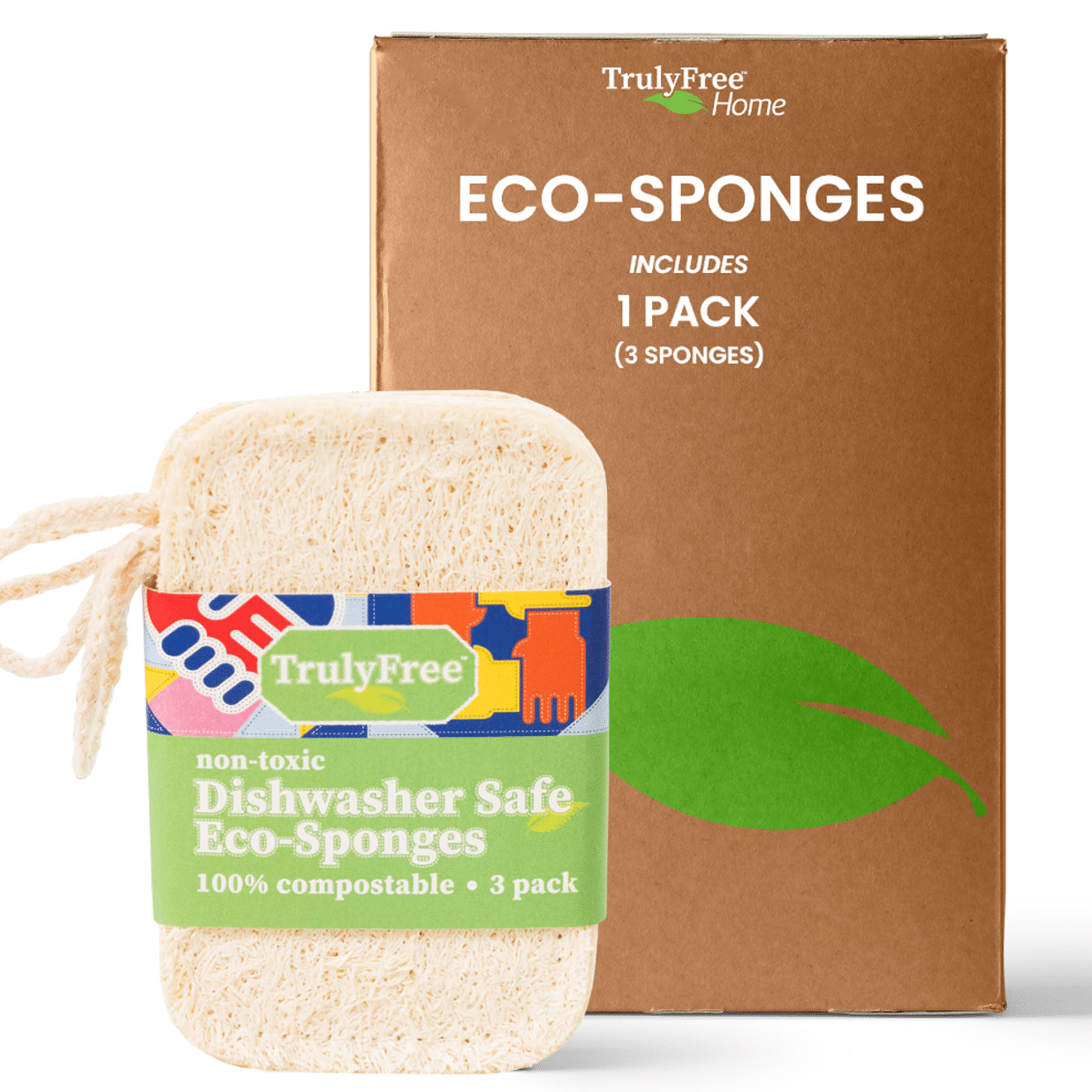 Truly Free Natural Cleaning Sponges, 100% Organic Luffa Dish Scrubber, Plant-Based Compostable Kitchen Dishwasher Sponge, Cleans Sink, Grout & Tile, Non Scratch Scouring Pad - 4.4 x 2.8 in, Pack of 3