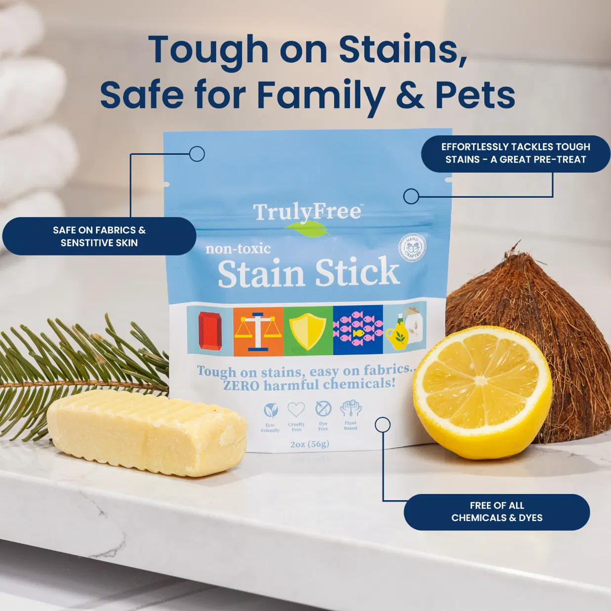 Truly Free Natural Stain Stick - Laundry Spot Remover for Clothes - Removes Food, Blood, Pet, Grass and More - Travel Size Stick - Made With Saponified Coconut and Olive Oils (56g)