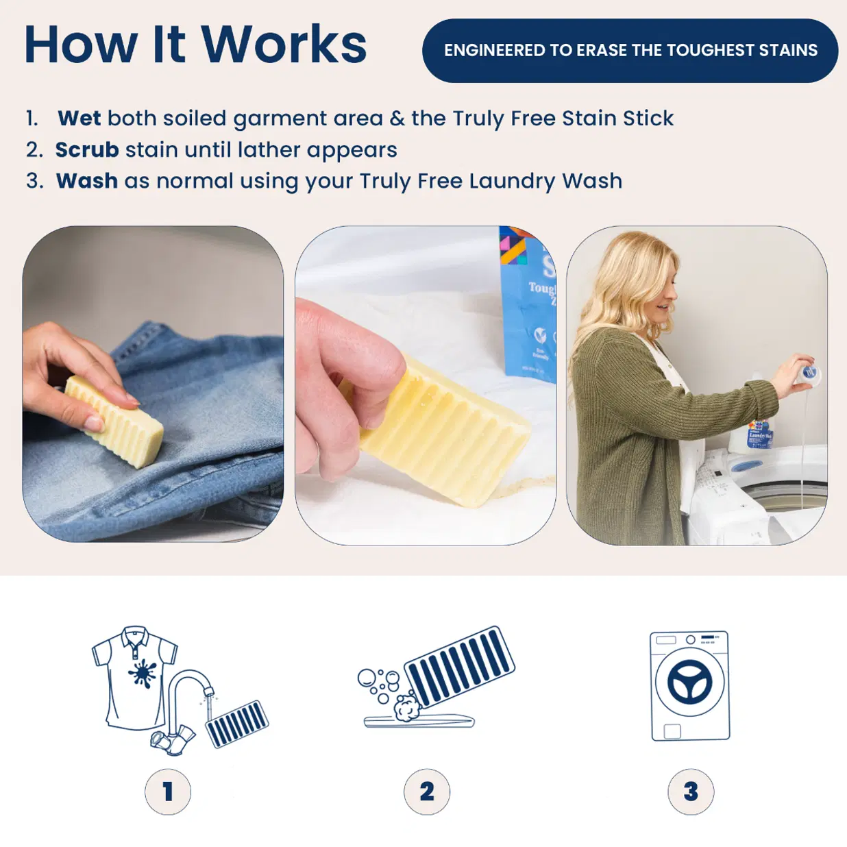 Truly Free Natural Stain Stick - Laundry Spot Remover for Clothes - Removes Food, Blood, Pet, Grass and More - Travel Size Stick - Made With Saponified Coconut and Olive Oils (56g)