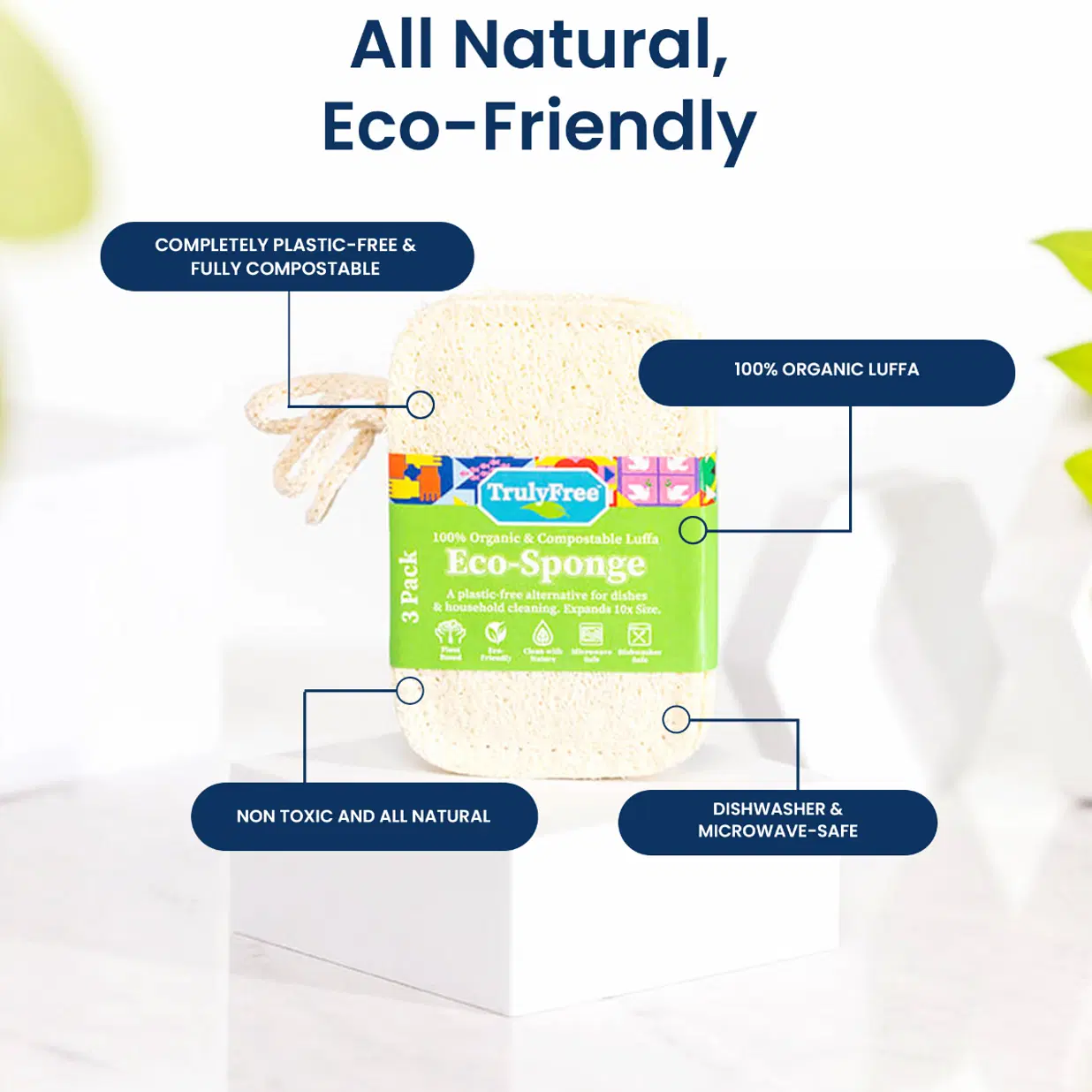 Truly Free Natural Cleaning Sponges, 100% Organic Luffa Dish Scrubber, Plant-Based Compostable Kitchen Dishwasher Sponge, Cleans Sink, Grout & Tile, Non Scratch Scouring Pad - 4.4 x 2.8 in, Pack of 3