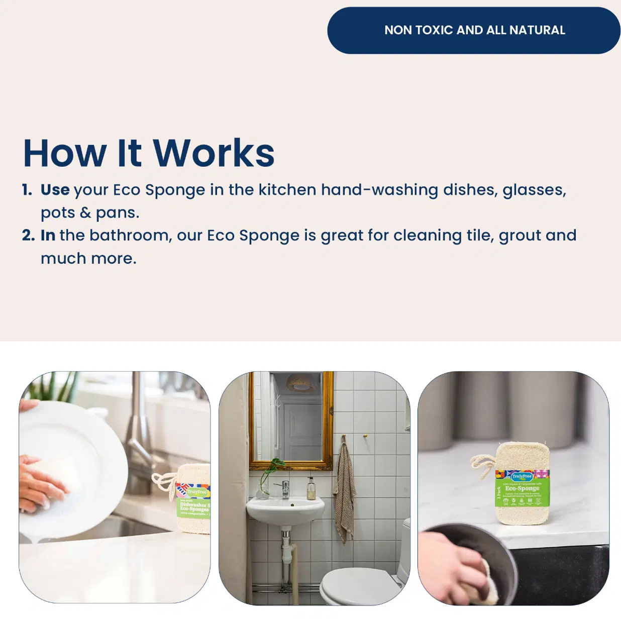 Truly Free Natural Cleaning Sponges, 100% Organic Luffa Dish Scrubber, Plant-Based Compostable Kitchen Dishwasher Sponge, Cleans Sink, Grout & Tile, Non Scratch Scouring Pad - 4.4 x 2.8 in, Pack of 3