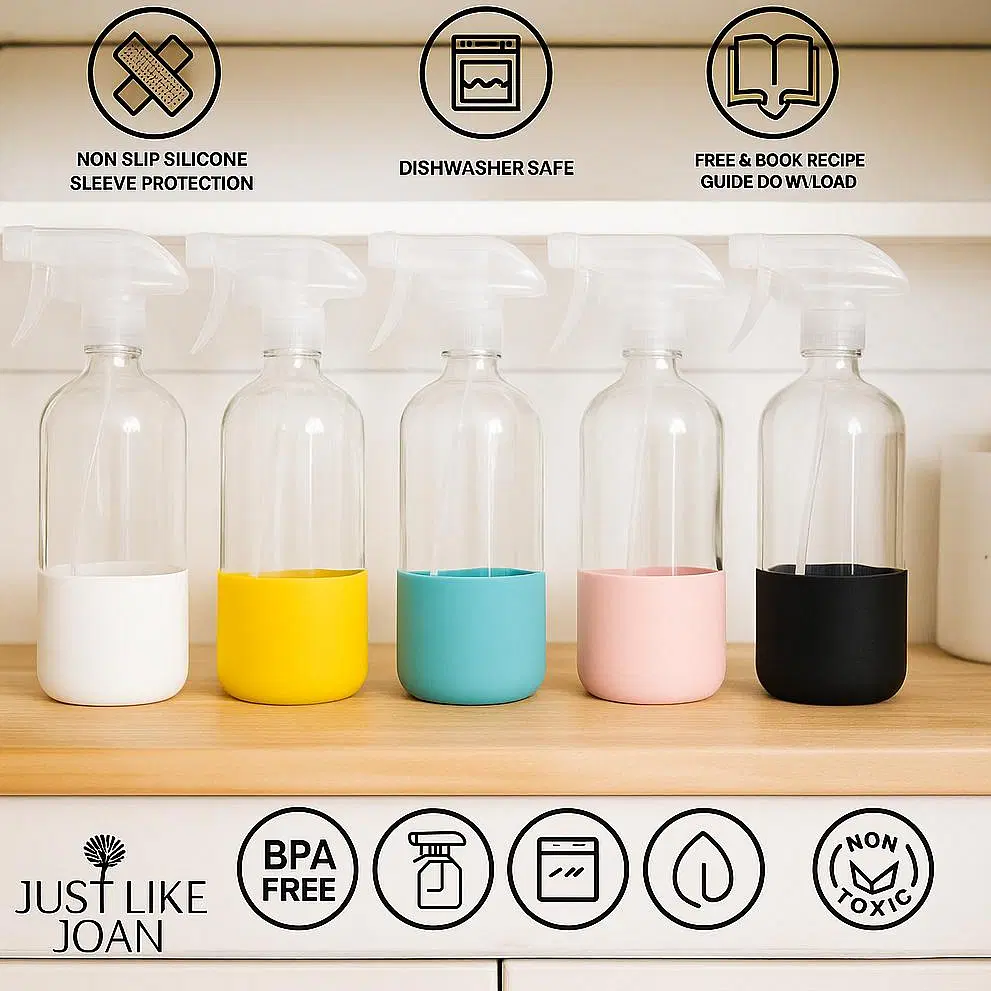 Glass Spray Bottles 16 oz with Silicone Sleeve - Clear Glass Spray Bottles for Cleaning Solutions, Essential Oils, Plants, Vinegar - Refillable - Food Safe (2 Pack - Black & Turquoise)