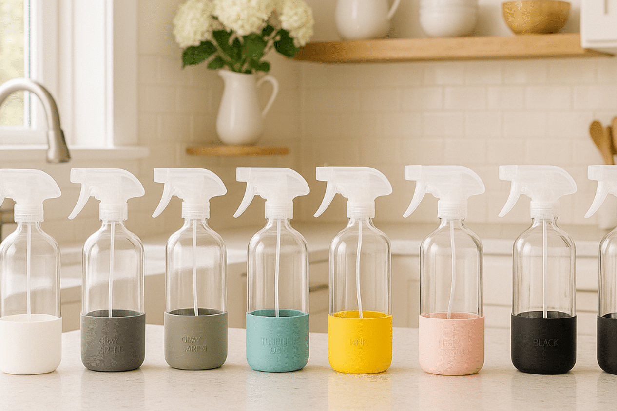 SINGLE Glass Spray Bottles 16 oz with Silicone Sleeve - Clear Glass Spray Bottles for Cleaning Solutions, Essential Oils, Plants, Vinegar - Refillable - Food Safe Random Color