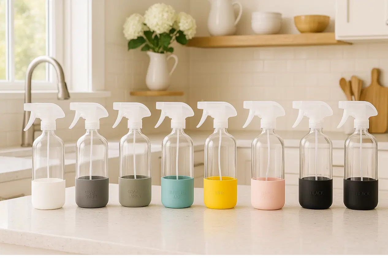 Glass Spray Bottles 16 oz with Silicone Sleeve - Clear Glass Spray Bottles for Cleaning Solutions, Essential Oils, Plants, Vinegar - Refillable - Food Safe (2 Pack - Random)