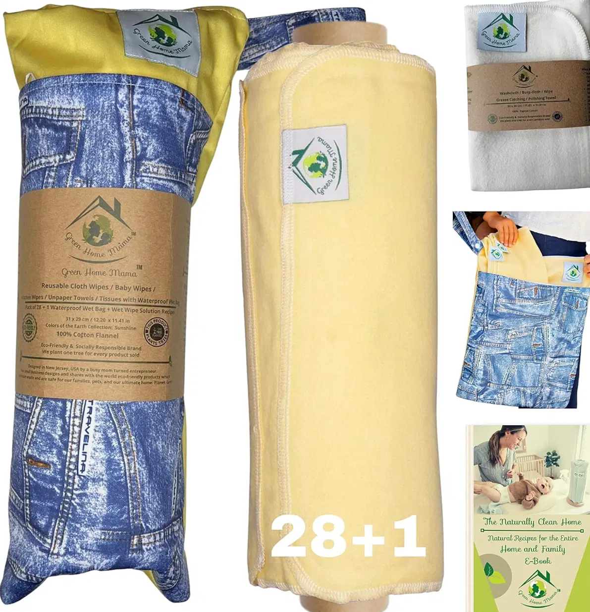 Reusable Paper Towels Washable Roll 29 Pack, 100% Soft Cotton Baby Wipes, Paperless Paper Towel Alternative, Zero Waste Napkins w/Wet Bag & Wash Cloth