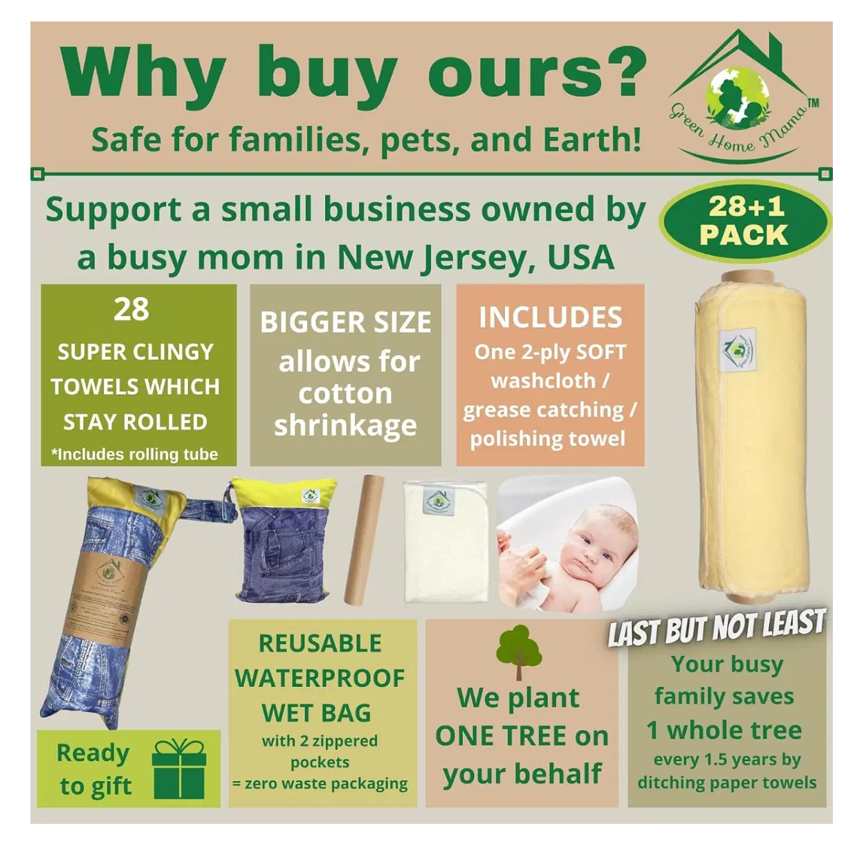 Reusable Paper Towels Washable Roll 29 Pack, 100% Soft Cotton Baby Wipes, Paperless Paper Towel Alternative, Zero Waste Napkins w/Wet Bag & Wash Cloth