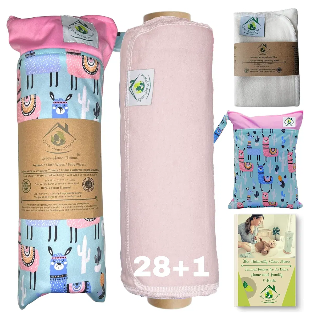 Reusable Paper Towels Washable Roll 29 Pk, 100% Soft Cotton Baby Wipes, Paperless Paper Towel Alternative, Zero Waste Napkins w/Wet Bag & Wash Cloth