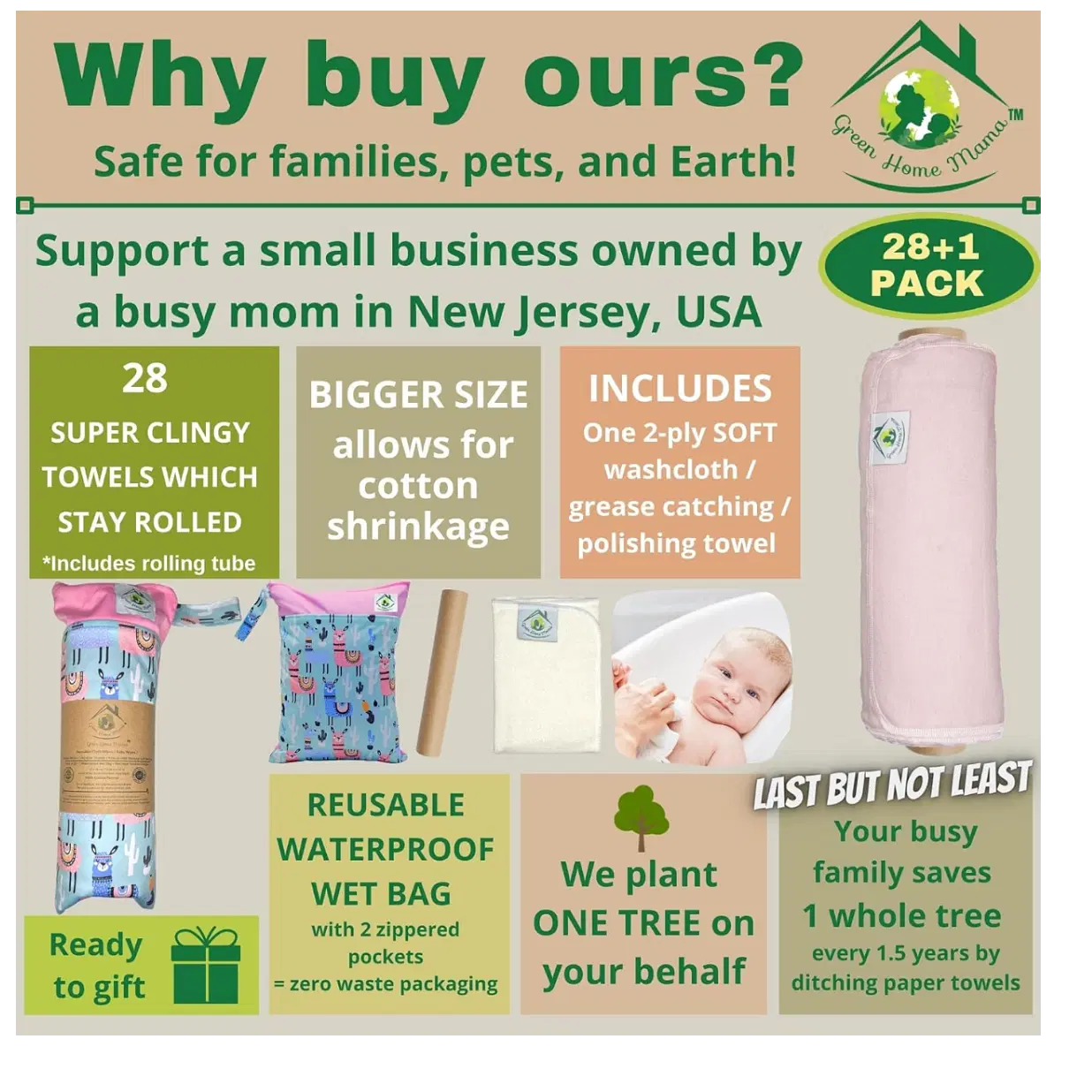 Reusable Paper Towels Washable Roll 29 Pk, 100% Soft Cotton Baby Wipes, Paperless Paper Towel Alternative, Zero Waste Napkins w/Wet Bag & Wash Cloth