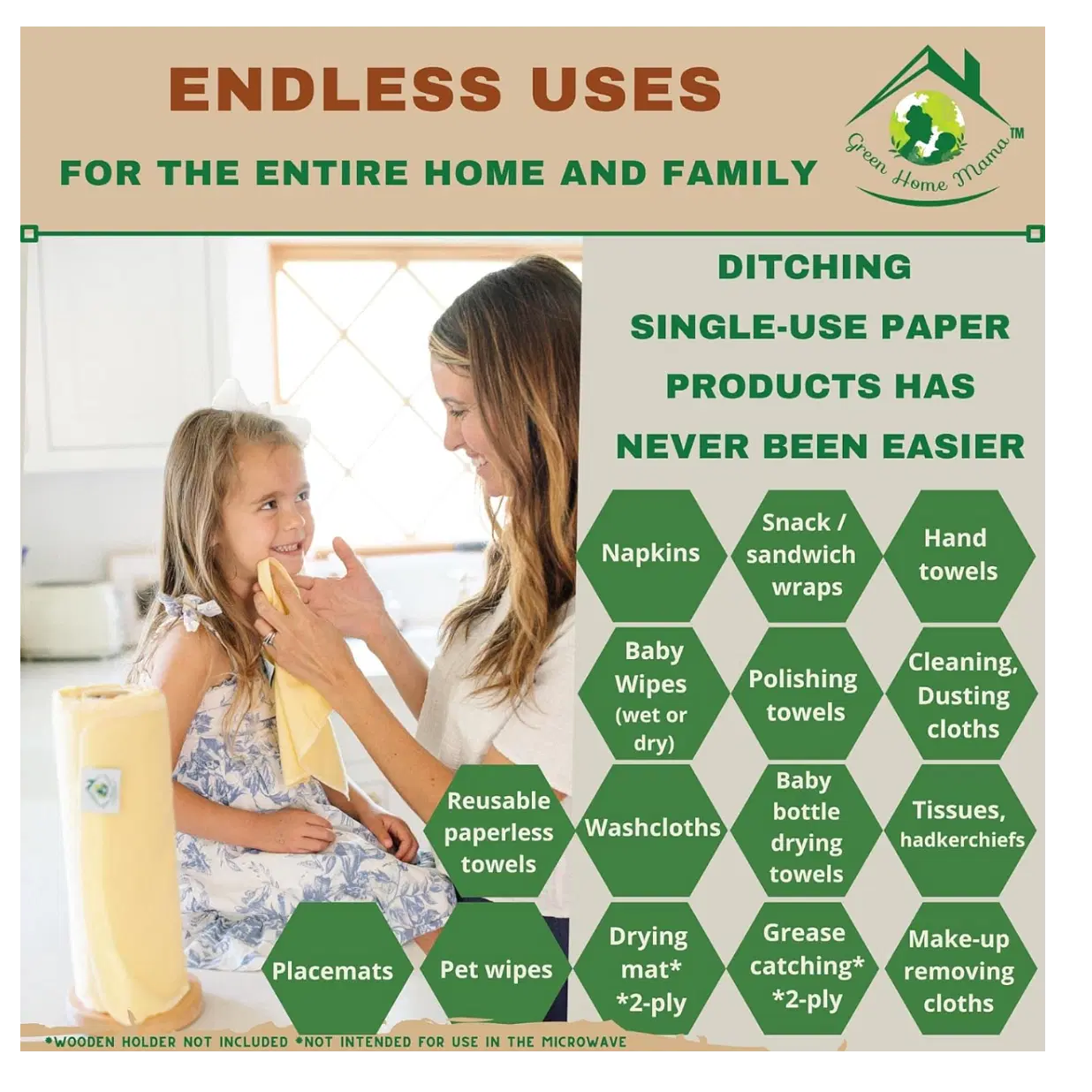 Reusable Paper Towels Washable Roll 29 Pk, 100% Soft Cotton Baby Wipes, Paperless Paper Towel Alternative, Zero Waste Napkins w/Wet Bag & Wash Cloth