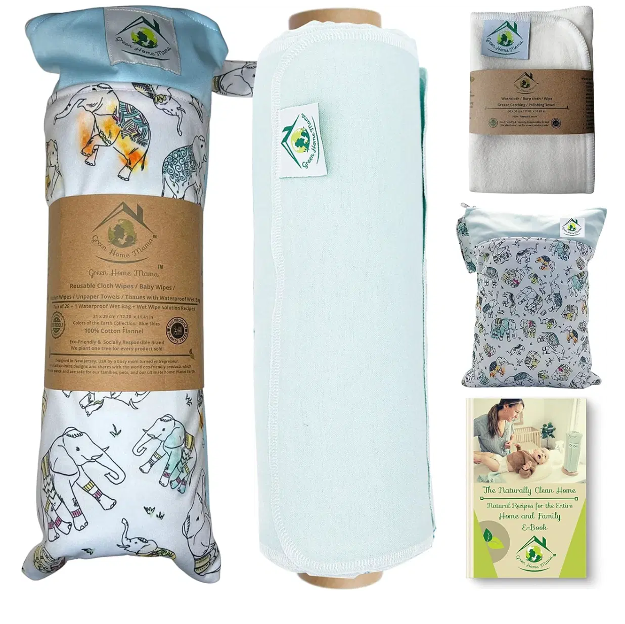 Reusable Paper Towels Washable Roll 29 Pk, 100% Soft Cotton Baby Wipes, Paperless Paper Towel Alternative, Zero Waste Napkins w/Wet Bag & Wash Cloth