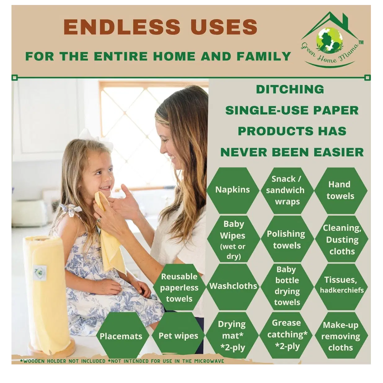 Reusable Paper Towels Washable Roll 29 Pk, 100% Soft Cotton Baby Wipes, Paperless Paper Towel Alternative, Zero Waste Napkins w/Wet Bag & Wash Cloth