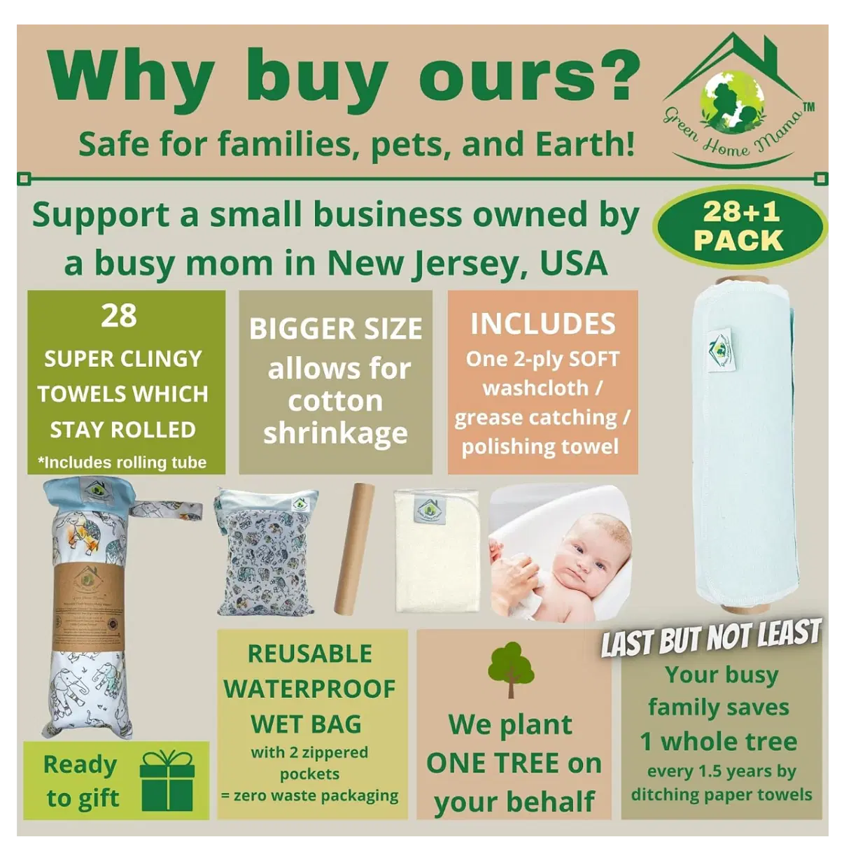 Reusable Paper Towels Washable Roll 29 Pk, 100% Soft Cotton Baby Wipes, Paperless Paper Towel Alternative, Zero Waste Napkins w/Wet Bag & Wash Cloth