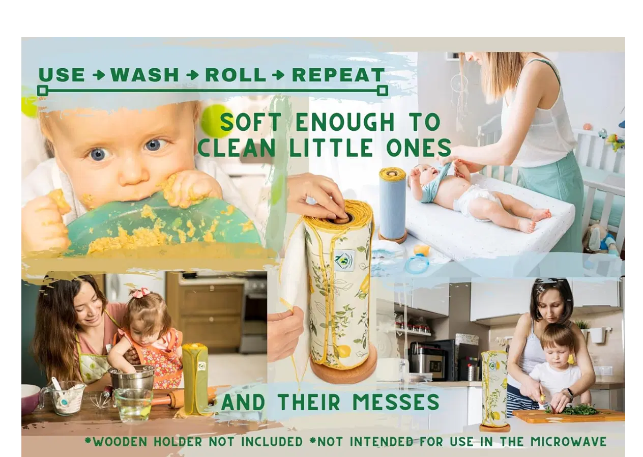 Reusable Paper Towels Washable Roll 29 Pk, 12 x 11 in, 100% Soft Cotton Baby Wipes, Paperless Paper Towel Alternative, Zero Waste Tree-Free Napkins w/ Polishing, Bacon Sponge and Cotton Bag