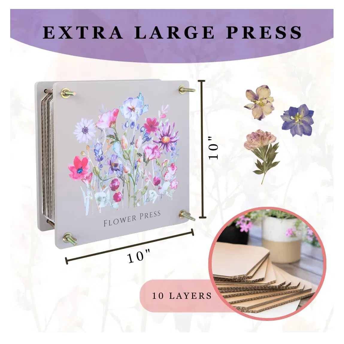 Extra Large Flower Press 11.2" x 10.7" – Press up to 10 Layers! Includes Cardboard, Blotting Paper, Greeting Cards, Ebook & More. Perfect Flower Preservation Kit for Kids & Adults