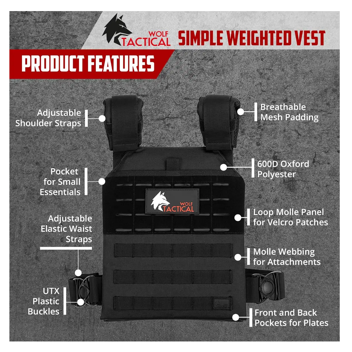 WOLF TACTICAL Simple Weighted Vest Men Womens Weighted Vest for Walking Running Training Rucking Adjustable Weight Vest