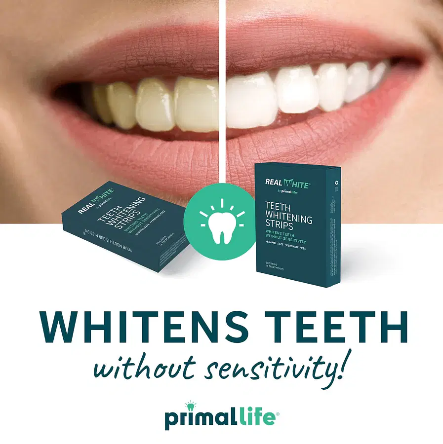 Real White Teeth Whitening Strips, All-Natural, Peroxide-Free, 28 Strips, 14 Treatments