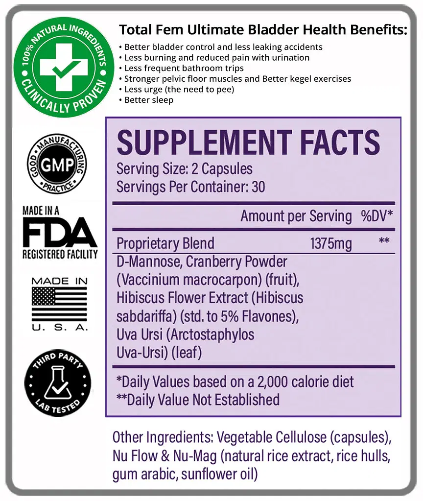 Total Fem Ultimate Bladder Health – D‑Mannose, Cranberry, Hibiscus & Uva Ursi for Urinary Tract Support & Leak Control