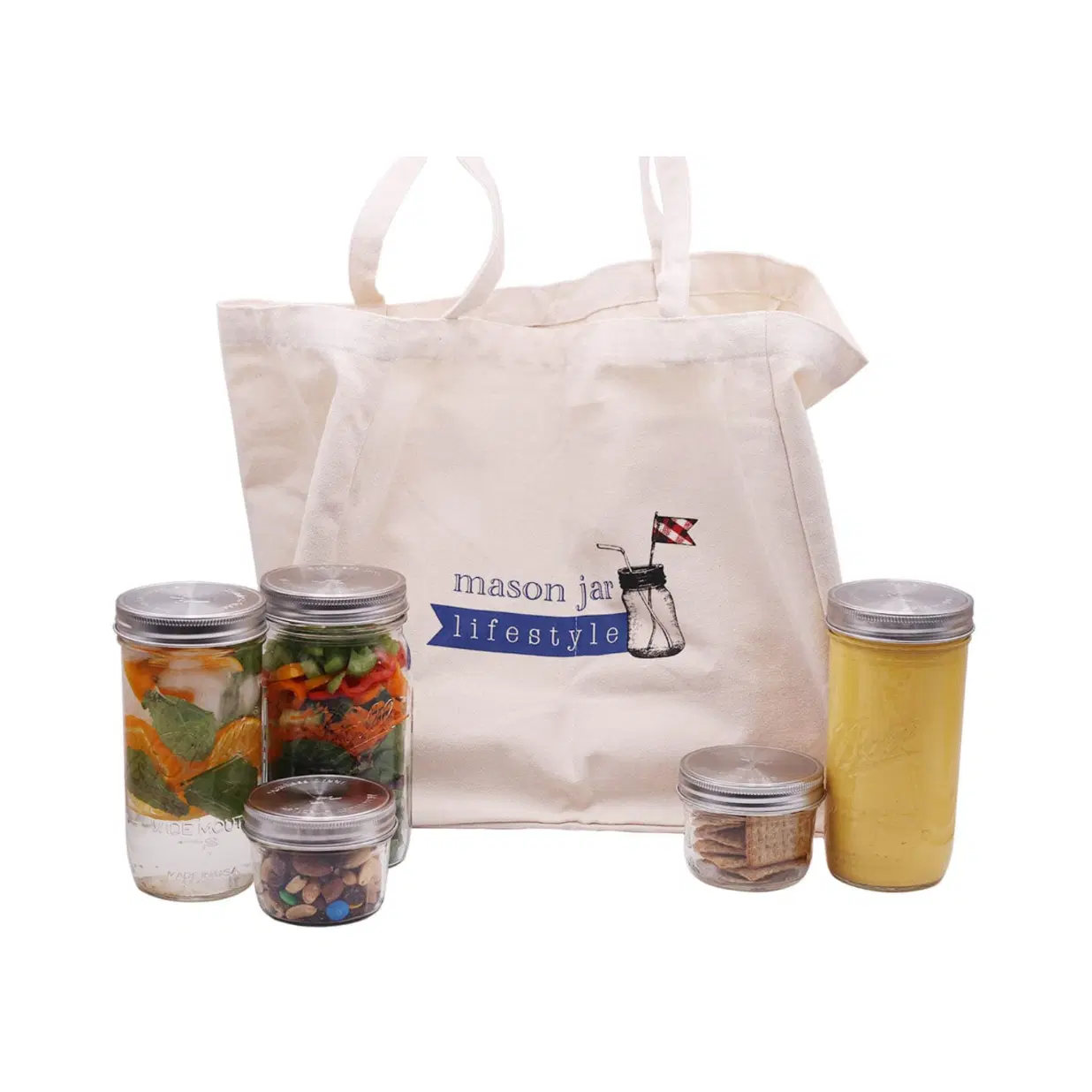 Mason Jar Market Tote Bag – 6 Divided Compartments for 64oz Half Gallon Jars – Organic Cotton, Reusable Grocery Carrier with Extra Storage