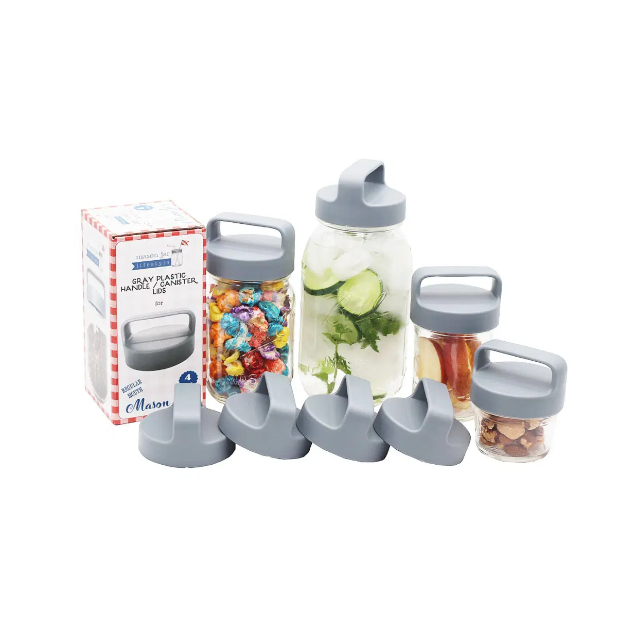 Gray Plastic Handle Lids for Regular Mouth Mason Jars (4-Pack) – Leak-Proof, BPA-Free, with Silicone Seals – Easy-Carry Canister Tops for Storage or On-the-Go Use