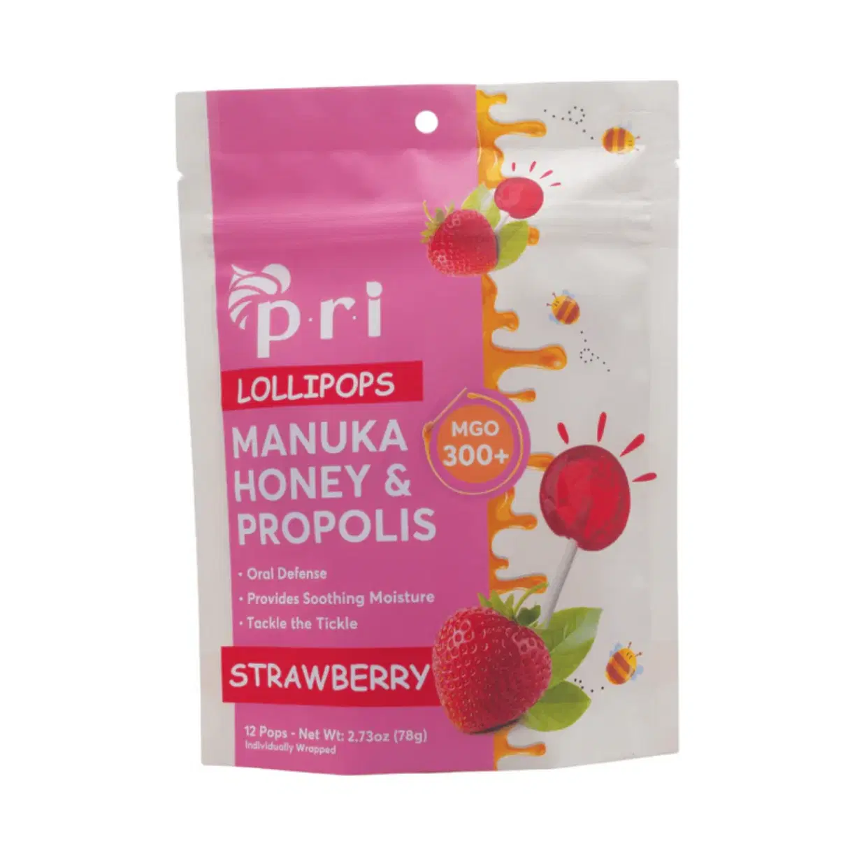 P.R.I Manuka Honey Lollipops with Propolis, Certified MGO 300+ - Throat Soothing, Strawberry Flavor, 