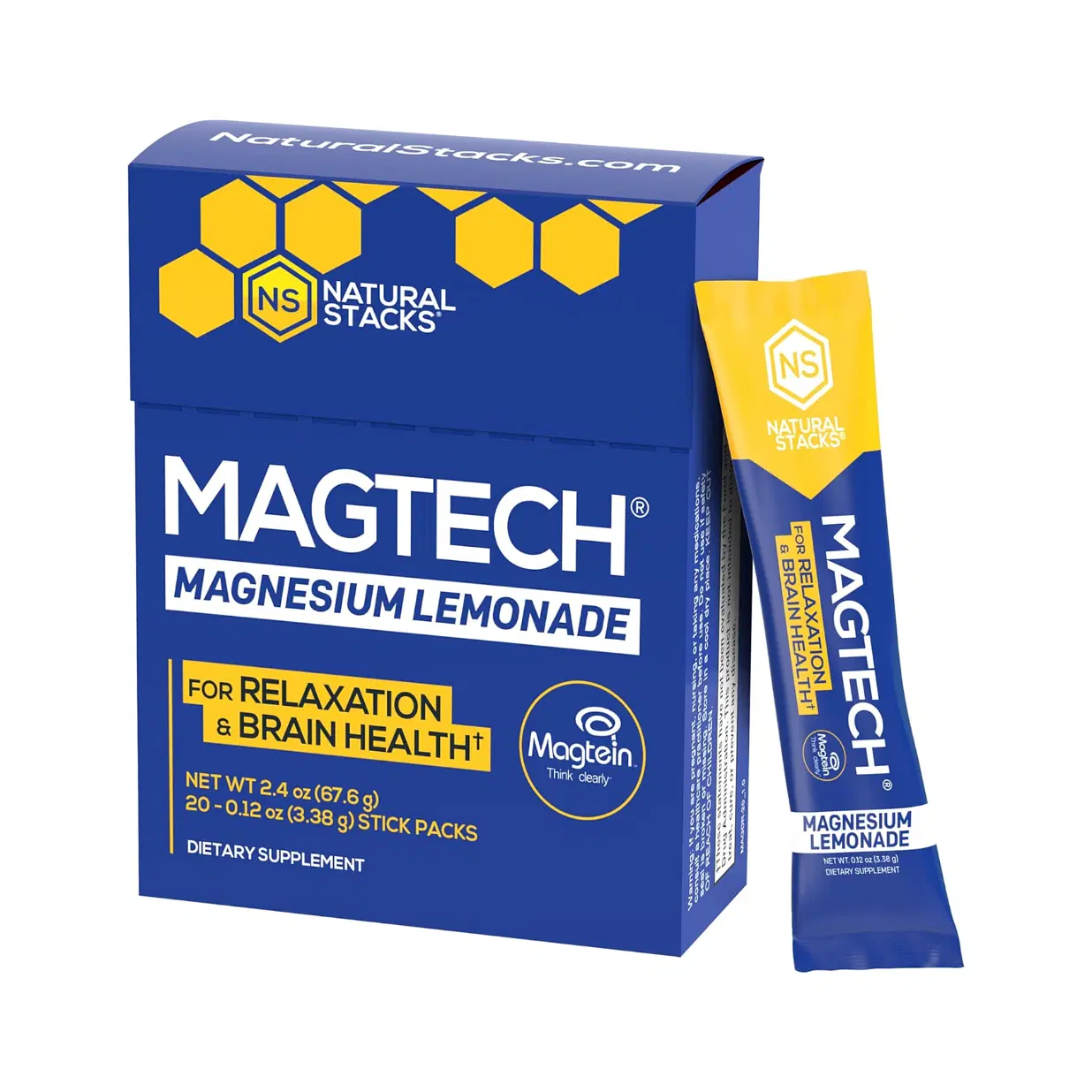 MagTech Magnesium Lemonade Drink Mix - Chelated Magnesium Complex - 3 Forms of Magnesium: Magtein Magnesium L-Threonate, Glycinate & Taurate - Supports Relaxation & Brain Health, 20 Stick Packs Drink Mix 20 Count (Pack of 1)