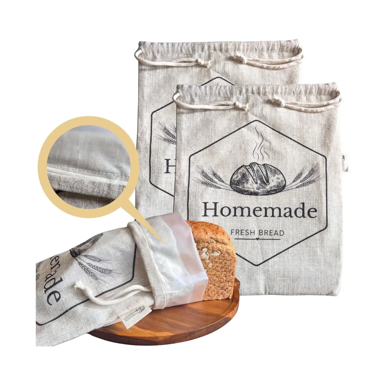 2-Pack XL Linen Reusable Bread Bags for Homemade & Sourdough Breads