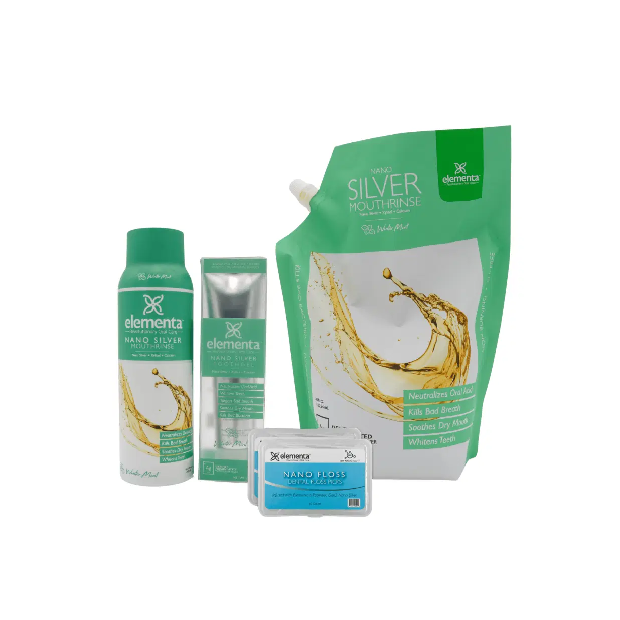 Elementa Essential Oral Care Bundle – Nano Silver Rinse, Tooth Gel, Refill & Nanofloss | Complete Daily Dental Kit