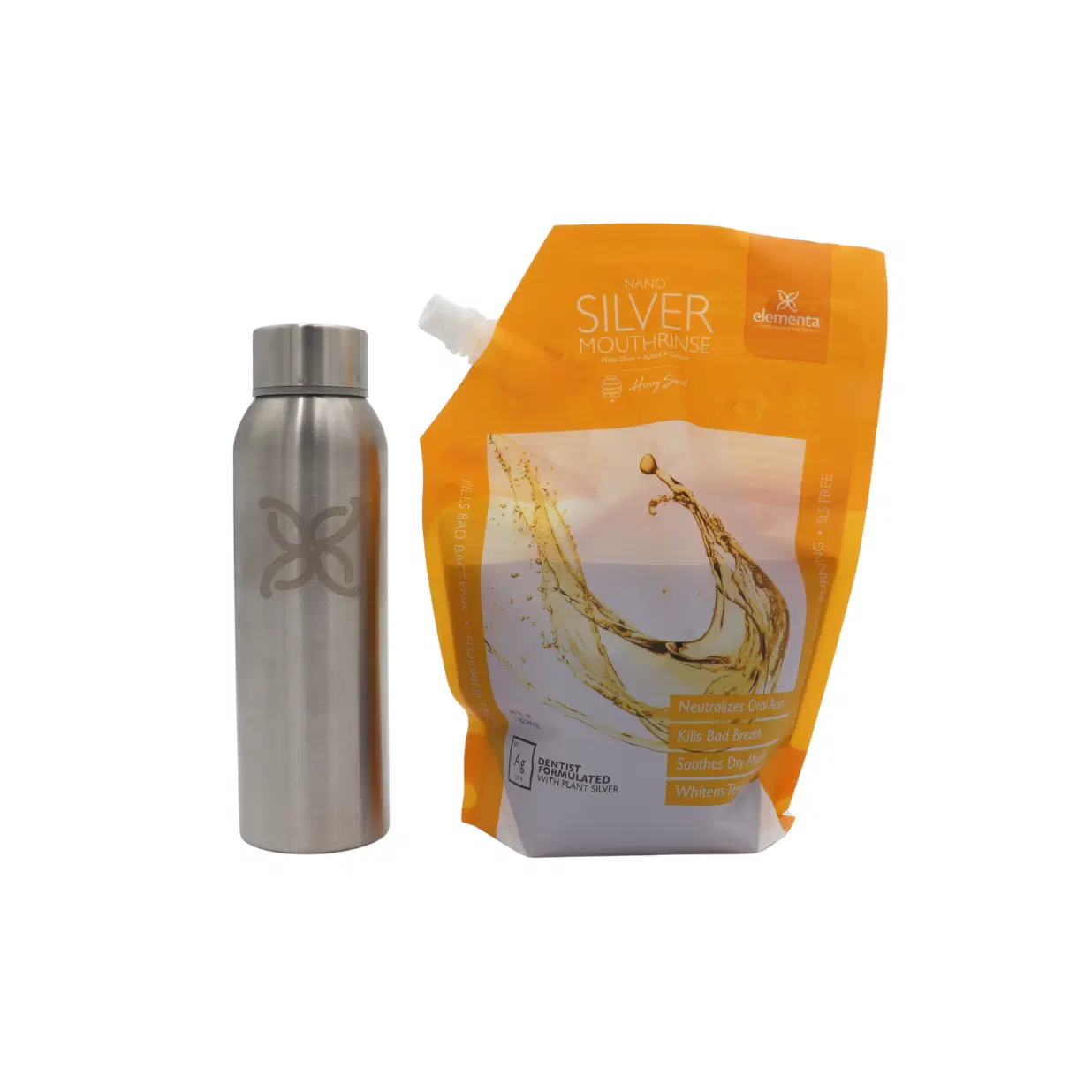 Elementa 40 oz Mouth Rinse Refill Pouch + Stainless Steel Bottle | Nano Silver Technology, Acid Neutralizing, Dry Mouth Relief