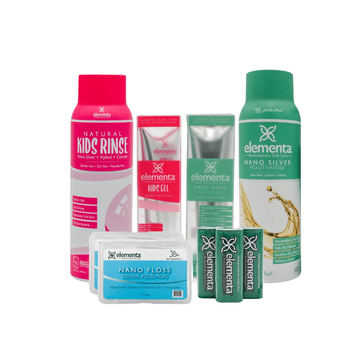 Elementa Family Oral Care Bundle – Nano Silver Rinse, Gel, Floss & Mints | Safe for Kids, Sulfate-Free, Whitens Teeth