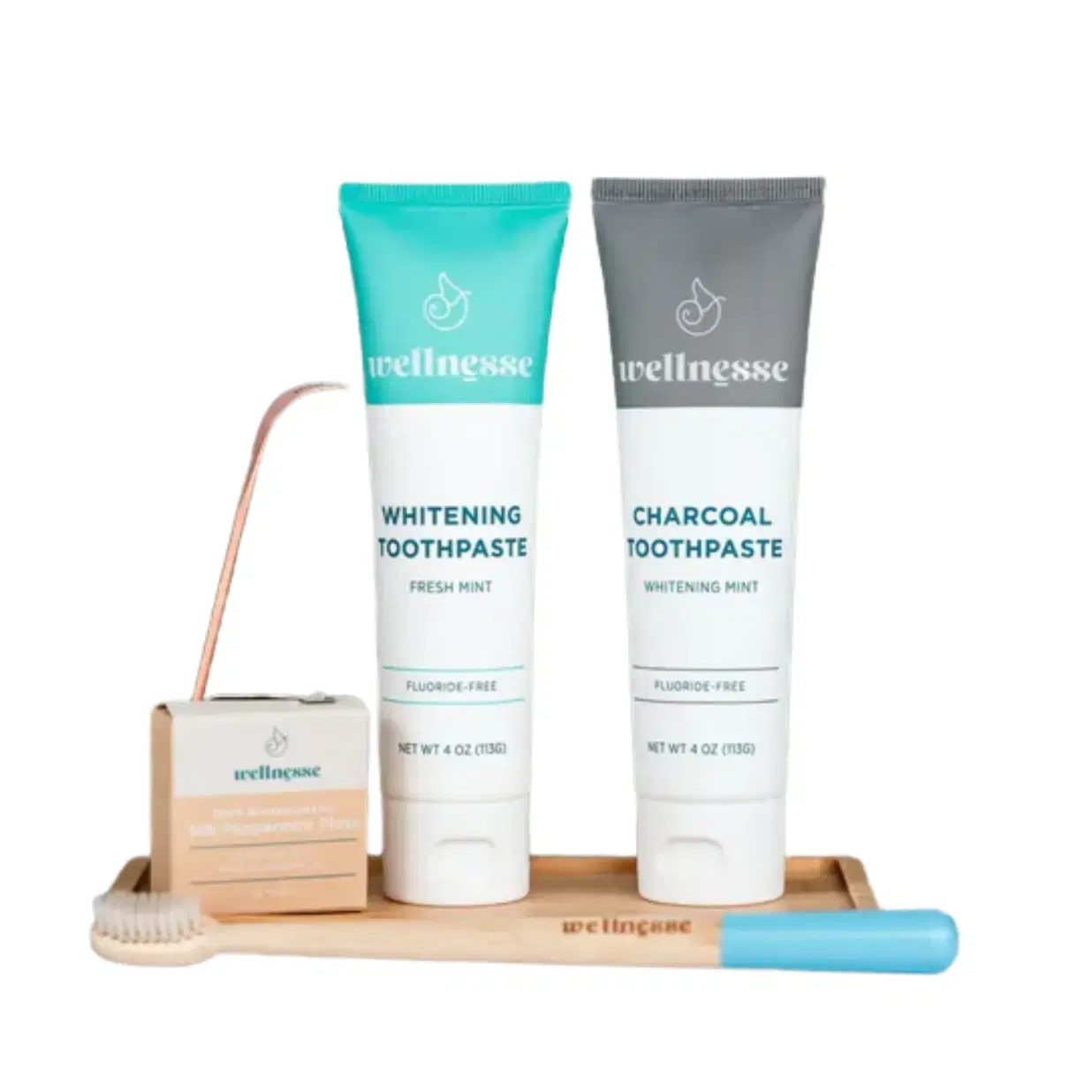 Wellnesse Complete Oral Care Set - Natural Whitening & Charcoal Toothpaste, Bamboo Toothbrush, Silk Floss, and Copper Tongue Scraper 