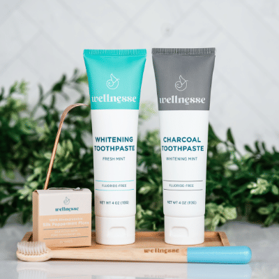 Wellnesse Complete Oral Care Set - Natural Whitening & Charcoal Toothpaste, Bamboo Toothbrush, Silk Floss, and Copper Tongue Scraper 